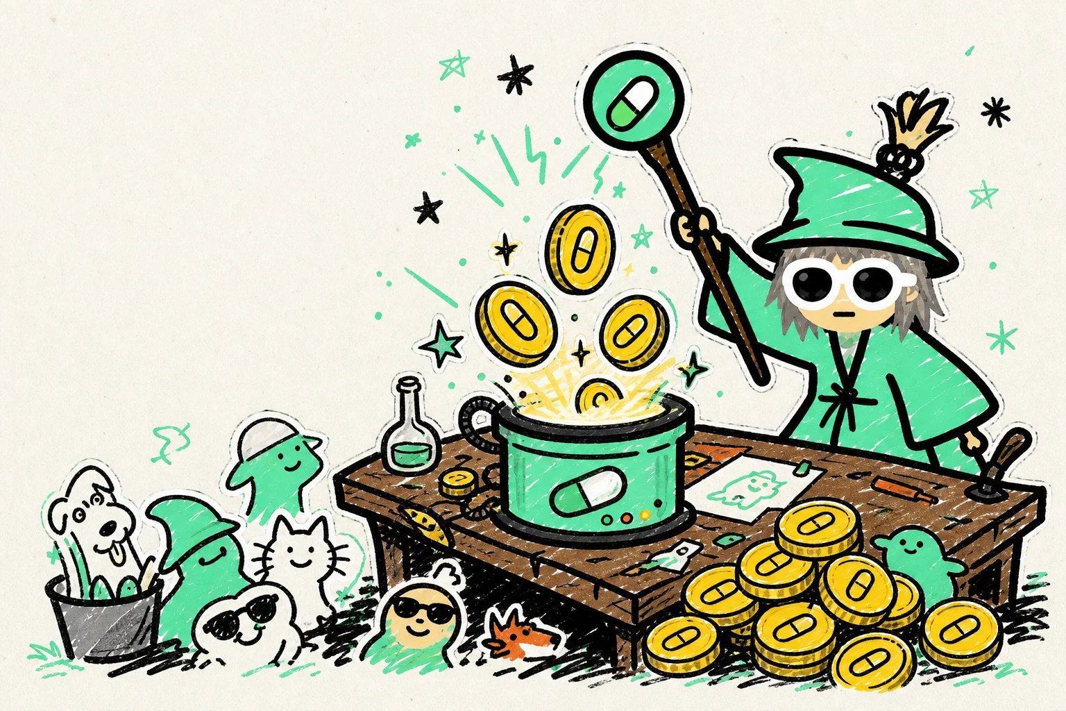 Hand-drawn mint wizard turning meme doodles into gold coins