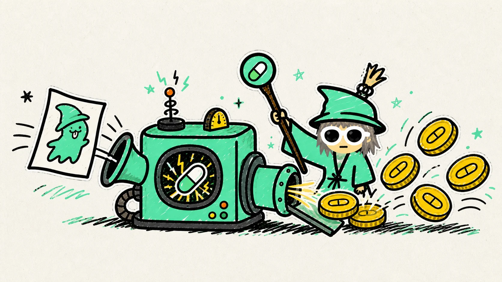 Hand-drawn machine transforming a meme into coins